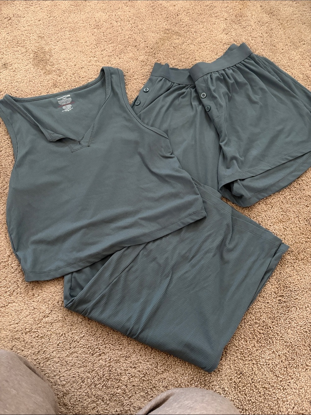 Essentials Ribbed Sleep Set in Slate Green — Tank, Shorts & Pants